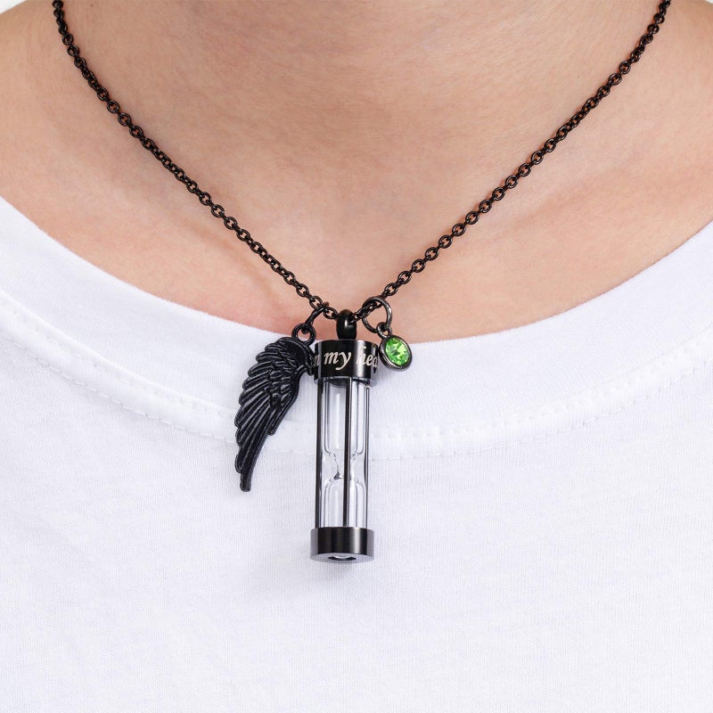 PREKIAR Cremation Urn Necklace for Ashes Time Hourglass Memory Jewelry Pendant Keepsake with Angel Wing and 12 Birthstones Forever In My Heart (Black hourglass) - Image 4